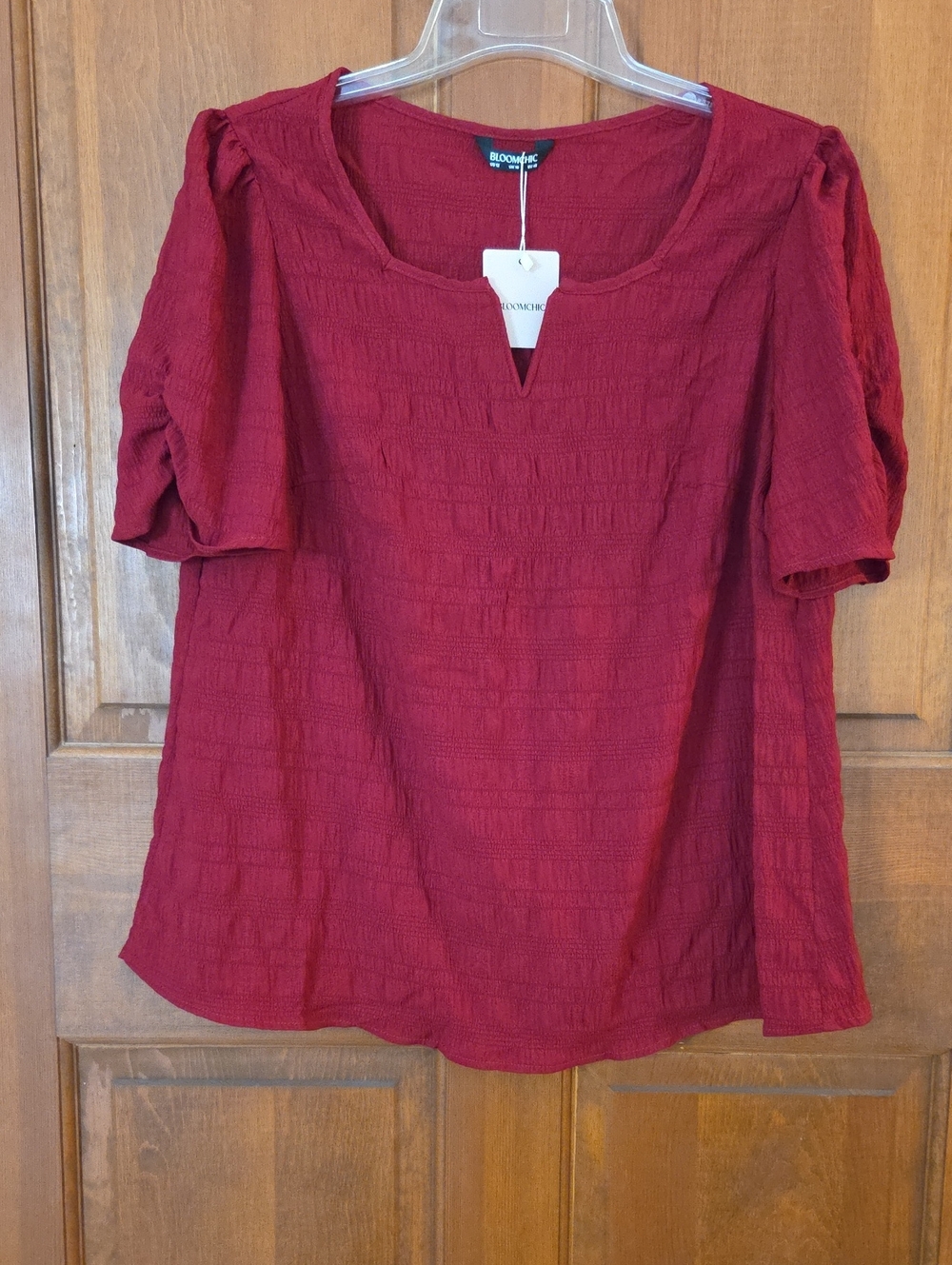Bloom Chic Crimson Red Puff-Sleeve Notch-Neck Women's Top